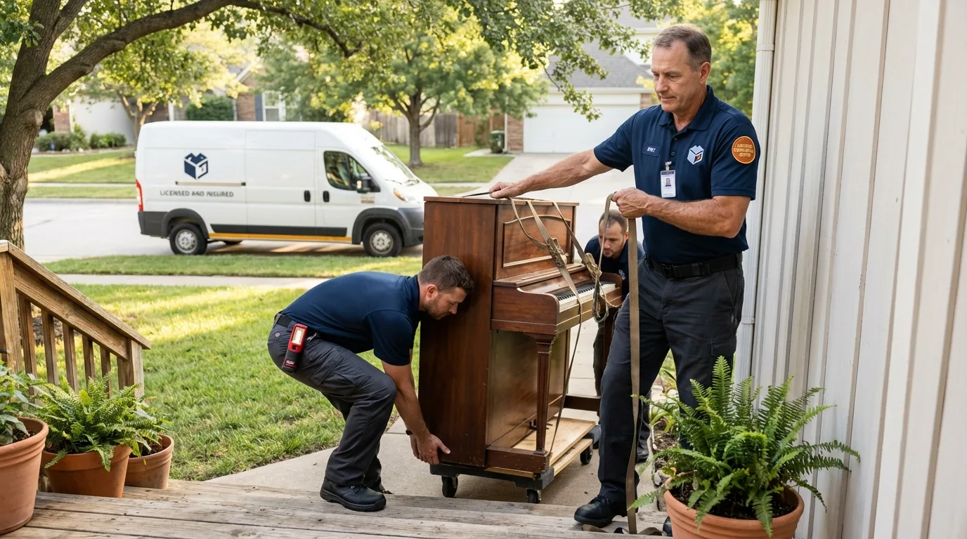 Licensed piano movers securing grand piano in Nellysford, VA