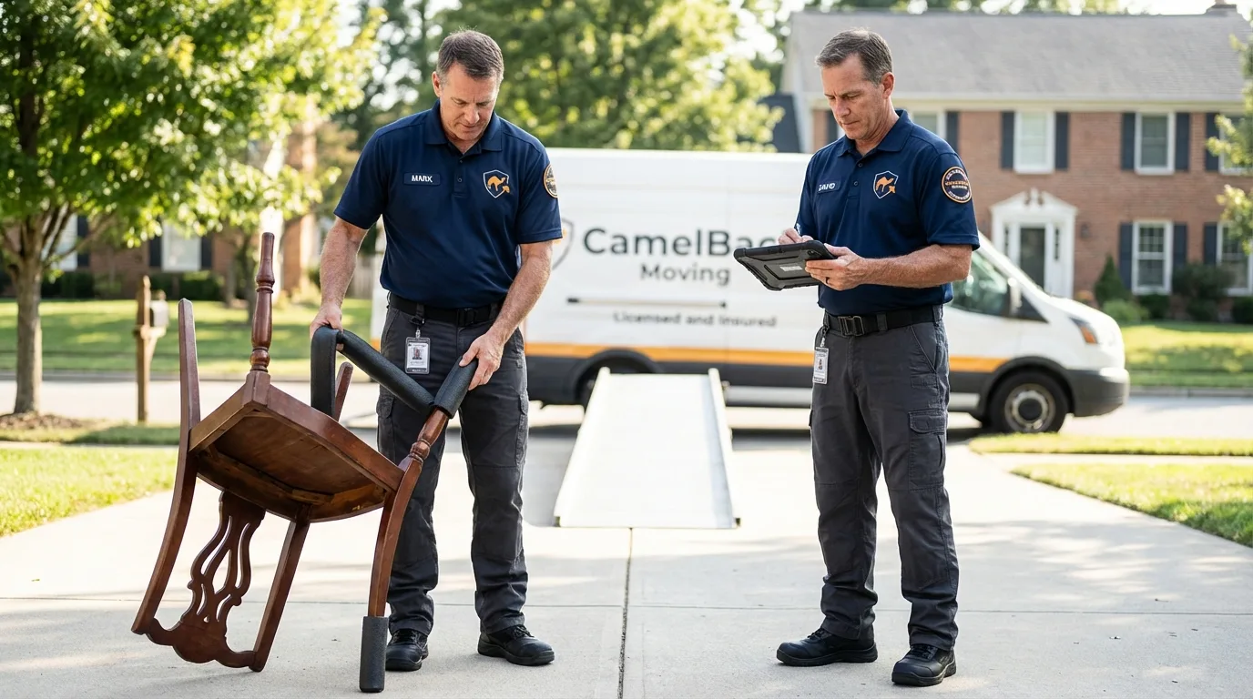 Movers inspecting furniture for damage prevention before loading in Nellysford, VA