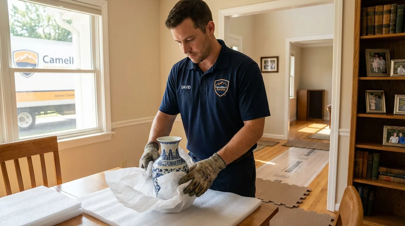 Professional crew carefully wrapping antique vase for senior downsizing move in Nellysford, VA
